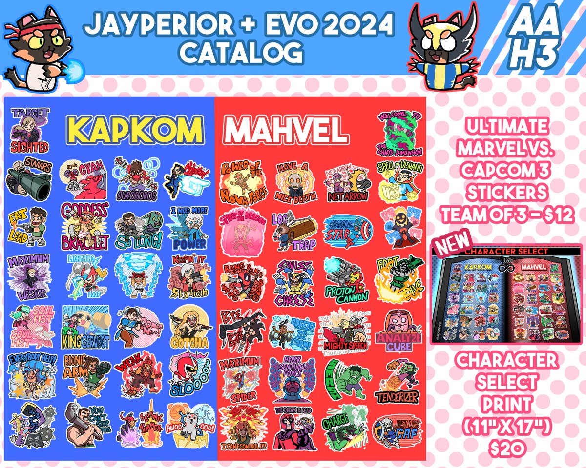 jayperior's tweet photo. Here is my catalog for EVO - you can find me in Artist Alley table H3, right across from Riot! Premiering some new merch as well, so hope to see you all this weekend! (1/2) https://t.co/UMHV7JReum