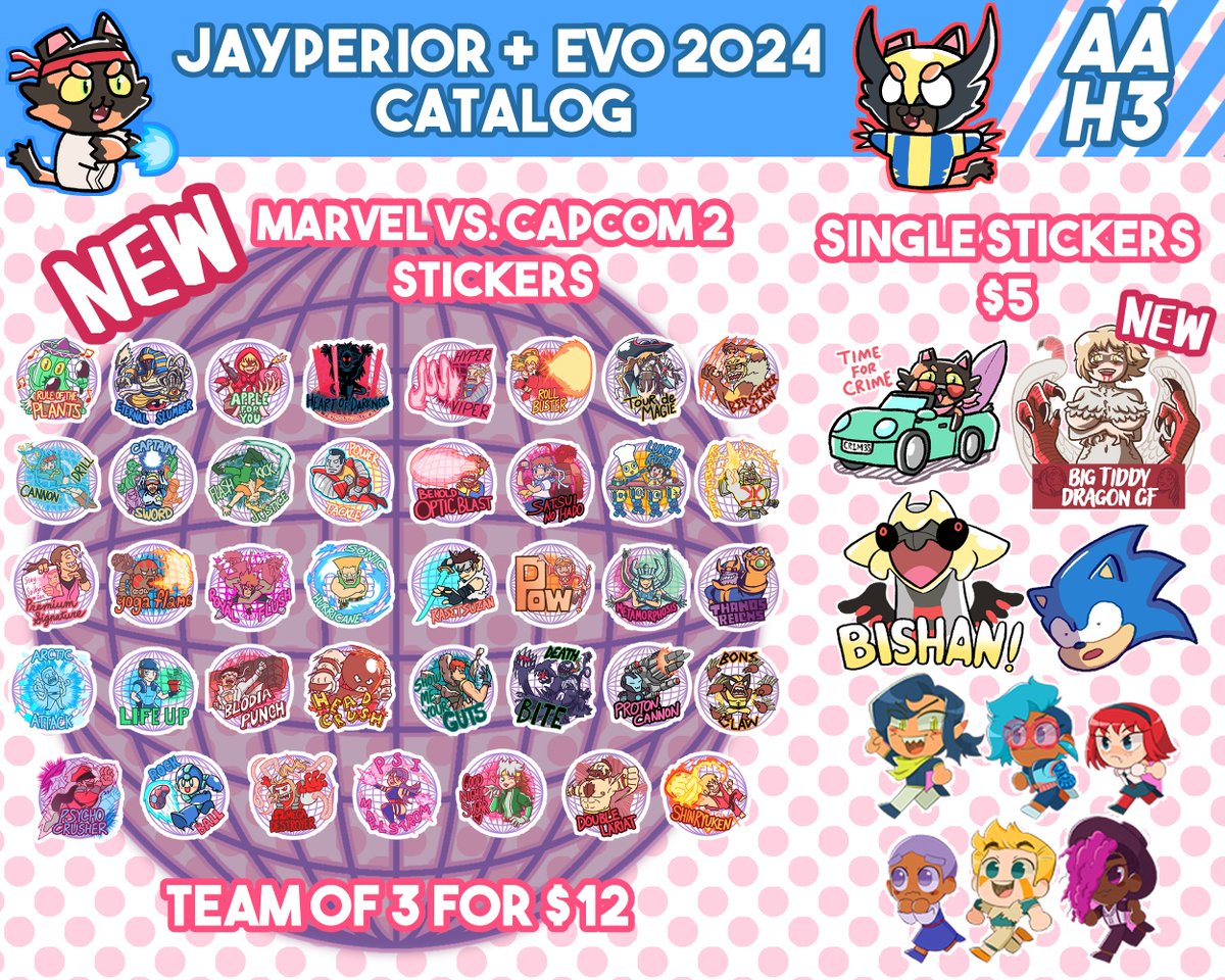jayperior's tweet photo. Here is my catalog for EVO - you can find me in Artist Alley table H3, right across from Riot! Premiering some new merch as well, so hope to see you all this weekend! (1/2) https://t.co/UMHV7JReum