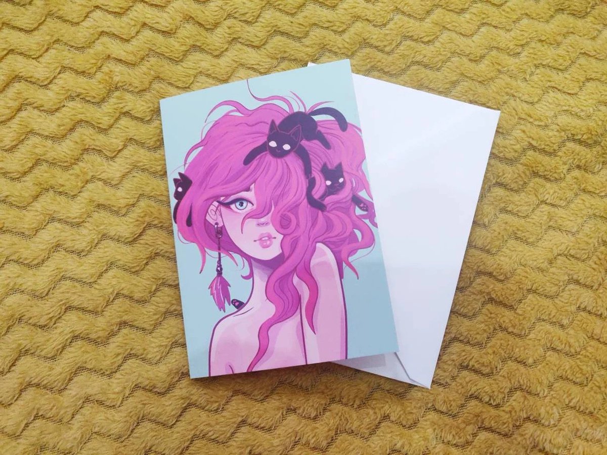 KPrimeArt's tweet photo. You may recognise our Pink Haired Girl ✨ The ultimate cat-lady, this stunning piece of artwork makes the perfect card for any occasion. 

#catsoftwitter #artistsoftwitter #catlover https://t.co/xPfKp716H8