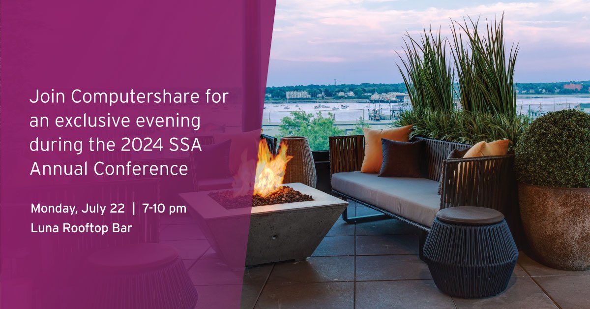 Computershare's tweet photo. Join us during the Shareholder Services Association's Annual Conference for an exclusive evening reception on Monday, July 22. Connect with us and network with your peers over spectacular views of the Portland, Maine waterfront. RSVP: https://t.co/g3Lw8iAi70
#SSAInsight https://t.co/xDYKjwniPO
