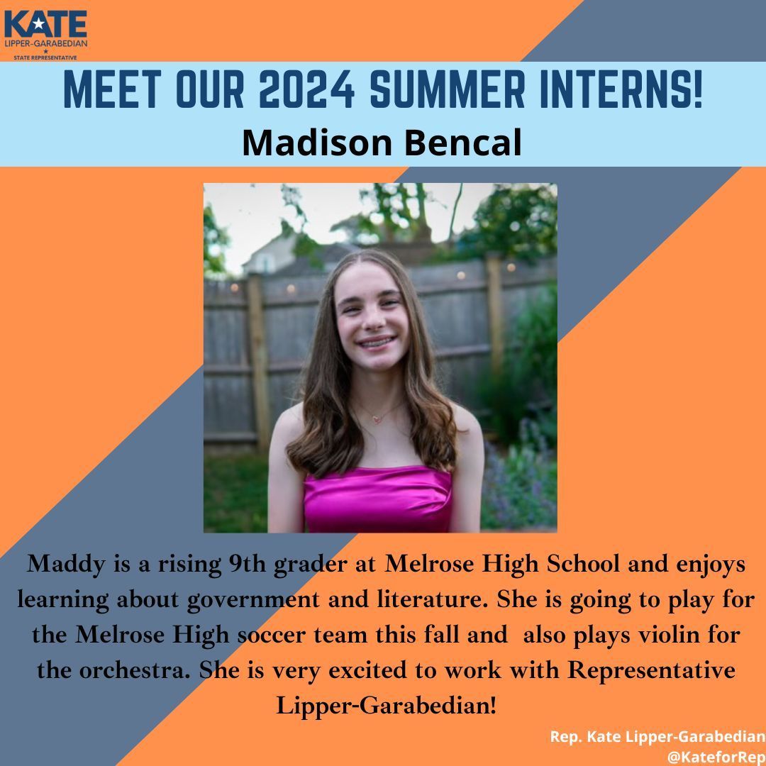 KateforRep's tweet photo. Introducing another #TeamKLG summer intern - Madison Bencal! Maddy is a rising 9th grader at @MelrosePS High School & enjoys learning about government and literature. We are glad to have Maddy with the office this summer! https://t.co/a5l47dYy7j
