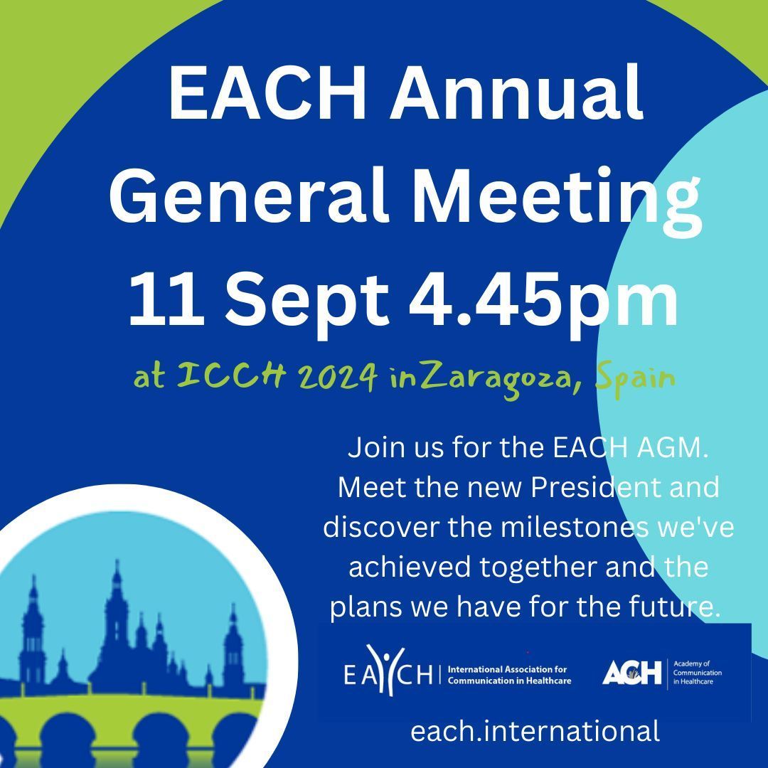 EACH_com's tweet photo. SAVE THE DATE - EACH AGM will take place during ICCH on 11th September at 4.45pm
Discover the milestones we've achieved together and the plans we have for the future. Open to all, please make every effort to attend
#ICCH2024 #EACHconference #Zaragoza2024 https://t.co/Jy9vF9nrcM