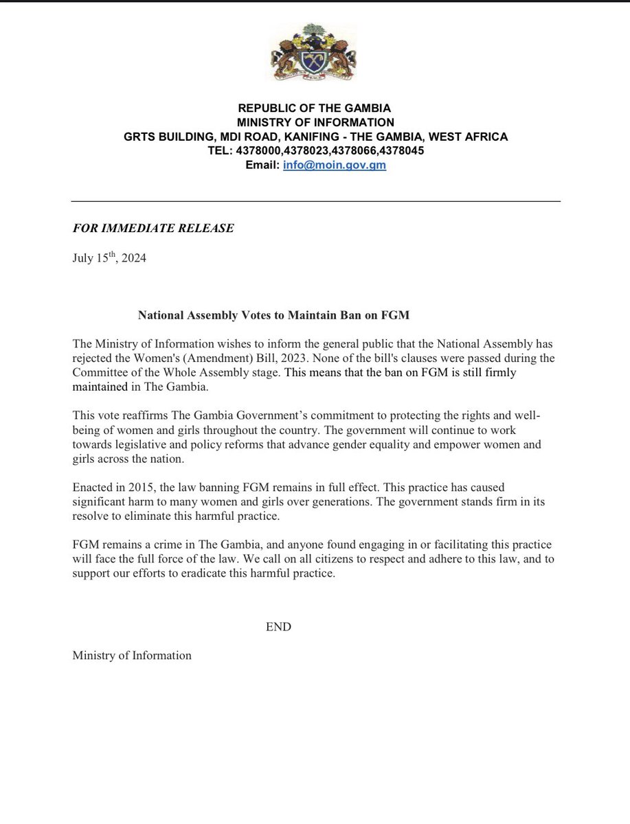 Info_Ministry_'s tweet image. National Assembly Votes to Maintain Ban on FGM