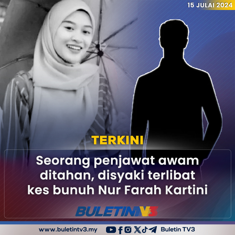 BuletinTV3's tweet photo. TERKINI | Polis menahan seorang lelaki tempatan berusia 26 tahun yang juga merupakan penjawat awam disyaki terlibat dalam kes pembunuhan Nur Farah Kartini Abdullah yang dilaporkan hilang sejak Rabu lalu. https://t.co/LoI32SeNRE