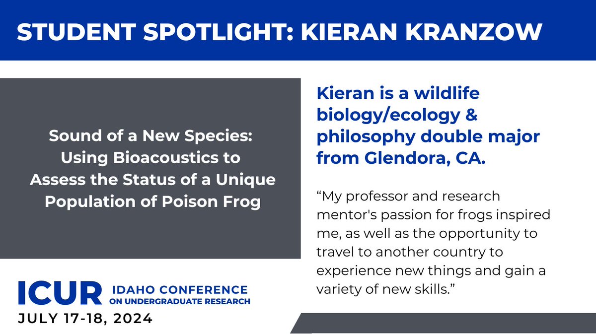 Learn more about Kieran's research during the Student Lightning Talks at #ICUR2024.

Register, and more information: linktr.ee/studentresearch

#undergraduateresearch #summer #conference #Idaho