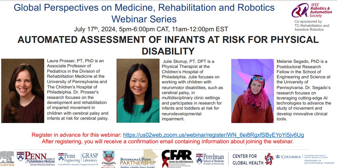 Rehab Robotics Lab (@pennrehabrobots) on Twitter photo 🌟 We're happy to announce new GPMRR seminar on July 17th at 11:00am EST and 5:00pm CST, featuring collaborators from the PANDA project in the Rehab Robotics Lab.
"AUTOMATED ASSESSMENT OF INFANTS AT RISK FOR PHYSICAL DISABILITY"
Register here: lnkd.in/g93B4vF3 🌟 We're happy to announce new GPMRR seminar on July 17th at 11:00am EST and 5:00pm CST, featuring collaborators from the PANDA project in the Rehab Robotics Lab.
"AUTOMATED ASSESSMENT OF INFANTS AT RISK FOR PHYSICAL DISABILITY"
Register here: lnkd.in/g93B4vF3