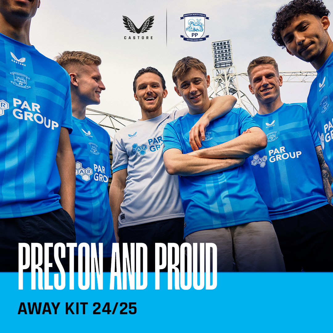 pnefc's tweet photo. Preston and Proud. 🫶

Our away kit will be available to buy from the club shop and online from 9am on Friday. 🛍️

#pnefc
