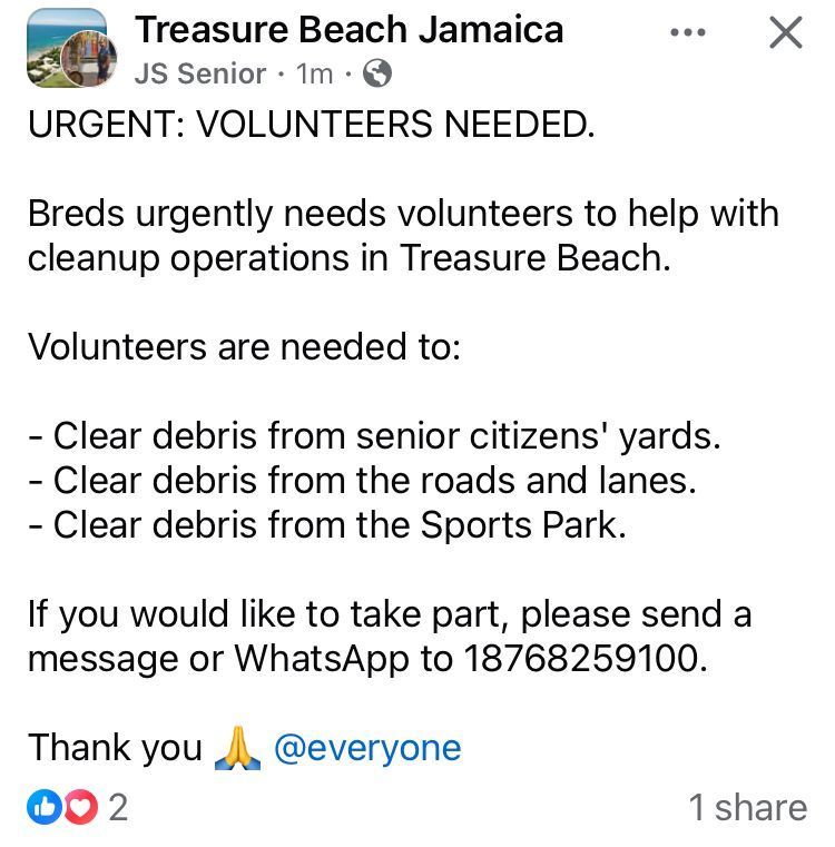 Hurricane Beryl hit Treasure Beach, Jamaica, on July 3, 2024, leaving devastation in its wake. Now we need your help! Contact via text message or whatsapp to lend your support! #RebuildTreasureBeach #HurricaneBerylAid #BeatBeryl #TreasureBeachStrong