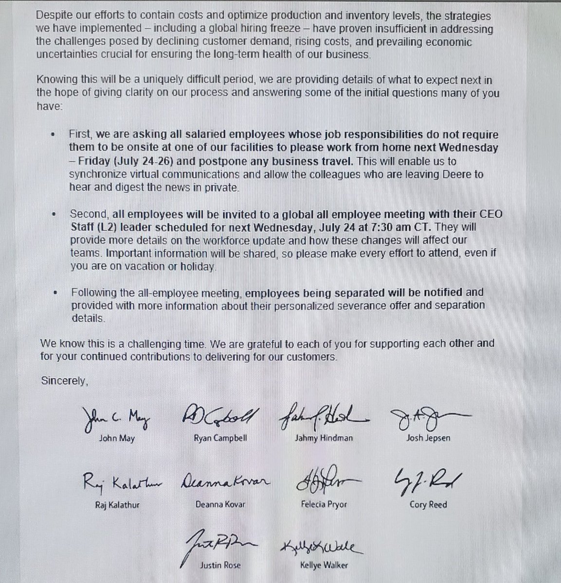 John Deere just sent an email to their global workforce warning that MORE mass firings are going to happen on July 24th.

They say all employees who don’t need to be onsite should work from home July 24-26 so they can "hear and digest the news in private."

CEO John May made $26M