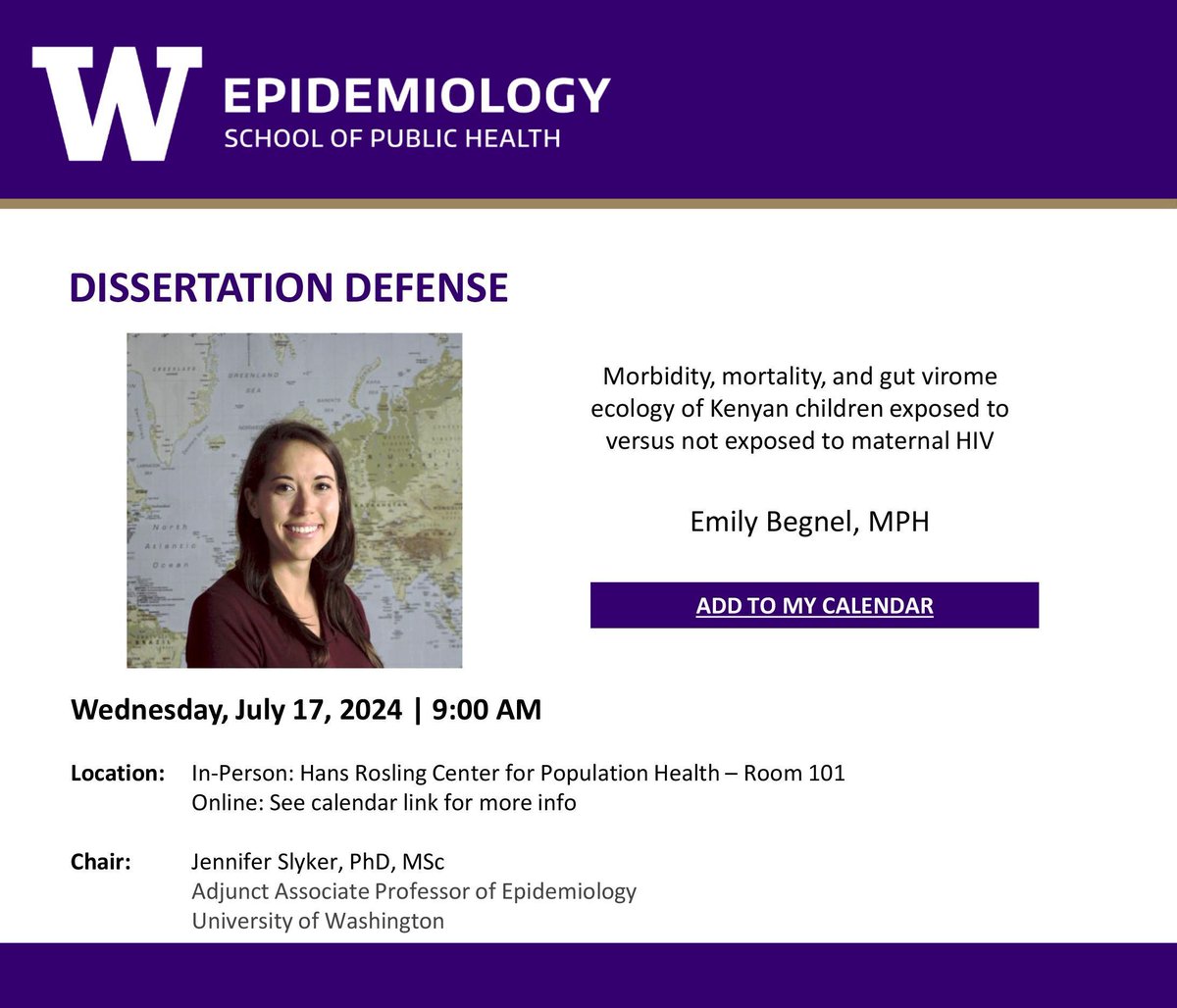 This Wednesday, Emily Begnel will be presenting on "Morbidity, mortality, gut virome ecology, of Kenyan children exposed to versus not exposed to maternal HIV." Come out to support, Emily! We wish her the best of luck! #EpiDissertation event details: buff.ly/3zKqno4
