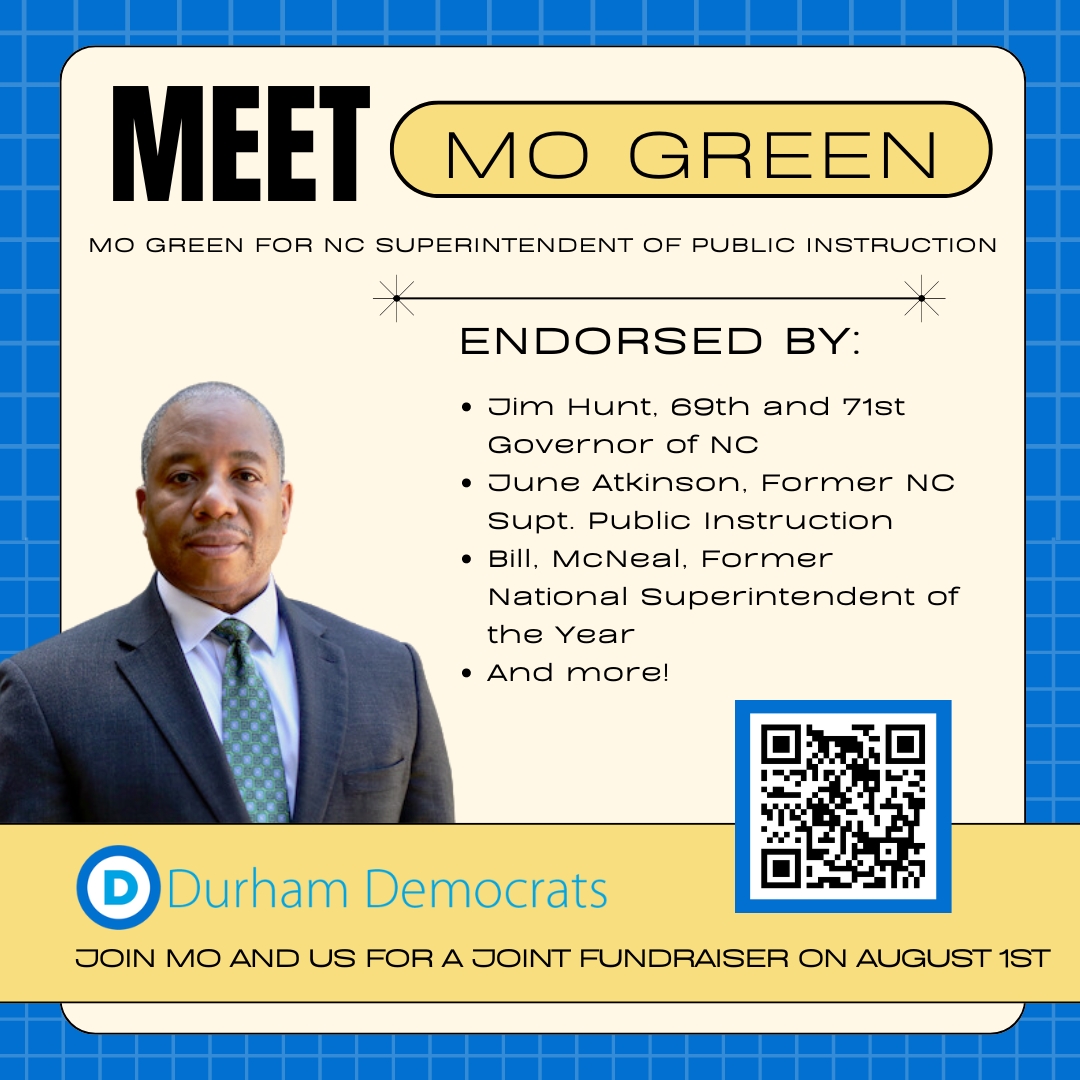 BullCityDems's tweet photo. Join the Durham Dems and the Mo Green for Superintendent of Public Instruction campaign for a SPECIAL JOINT FUNDRAISER on August 1st at the new Zweli's location in Brightleaf Square. 🌟 Follow the QR code to purchase tickets. 🎟️ #Durham4Green #DurhamGoesGreen #DurhamDems #MoGreen https://t.co/YoKLhkCuNg