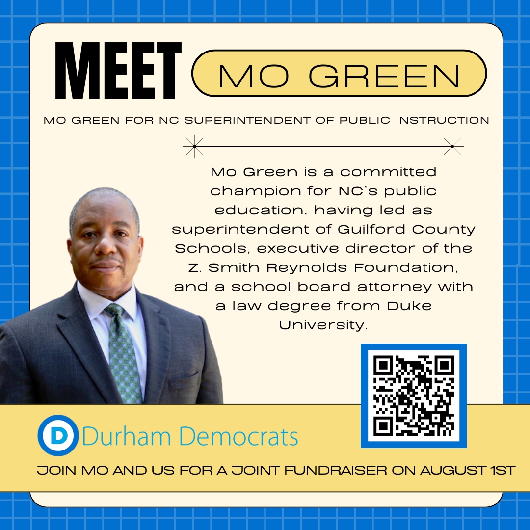 BullCityDems's tweet photo. Join the Durham Dems and the Mo Green for Superintendent of Public Instruction campaign for a SPECIAL JOINT FUNDRAISER on August 1st at the new Zweli's location in Brightleaf Square. 🌟 Follow the QR code to purchase tickets. 🎟️ #Durham4Green #DurhamGoesGreen #DurhamDems #MoGreen https://t.co/YoKLhkCuNg