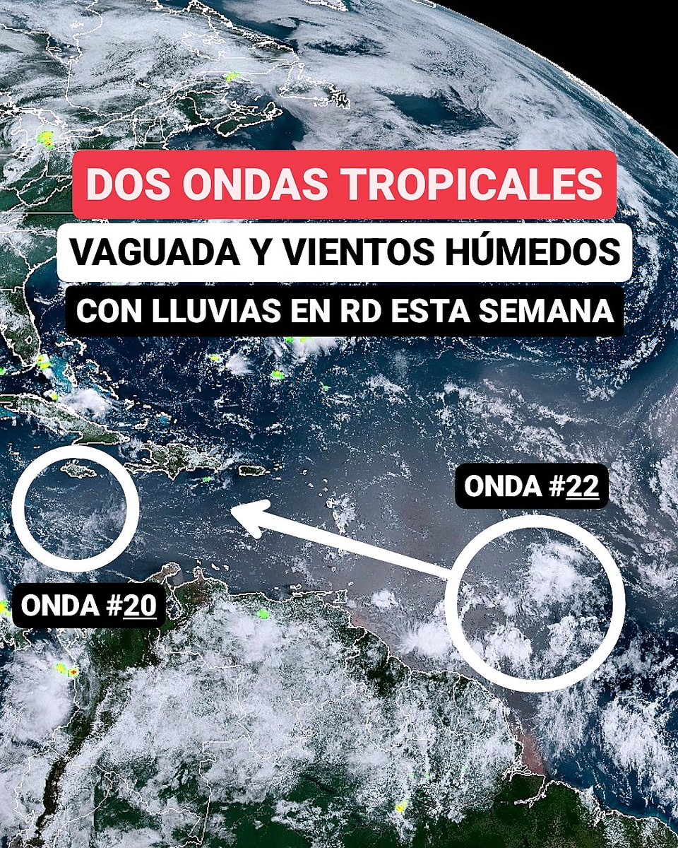 JeanSuriel's tweet photo. 🔴TOMEN NOTA🔴
Planifiquen la semana: dos ondas tropicales, una vaguada y vientos húmedos procedentes desde la región marina dominarán el panorama meteorológico en los próximos días en República Dominicana.

🔴Hoy nos encontramos bajo los efectos de una vaguada y los remanentes de la onda tropical número 20 que se aleja del país: esta tarde se registrarán aguaceros entre moderados y fuertes en el sureste, sur, noreste, Cordillera Central, suroeste, áreas del norte y zona fronteriza.

🔴Mañana martes se combinará la vaguada con los vientos húmedos, pero no provocará precipitaciones de importancia debido a partículas de polvo del Sahara en el Caribe: posibles chubascos al final de la tarde.

Sigue ⬇️