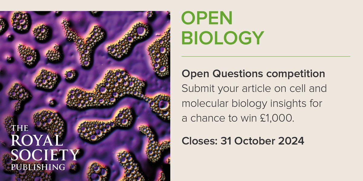 #OpenBiology is delighted to announce our latest competition, celebrating innovation in cell and #MolecularBiology through our unique article type, Open Questions. Submit your article before 31 October 2024 for the chance to win £1000 ow.ly/vGWm50SBxKu #CellBiology