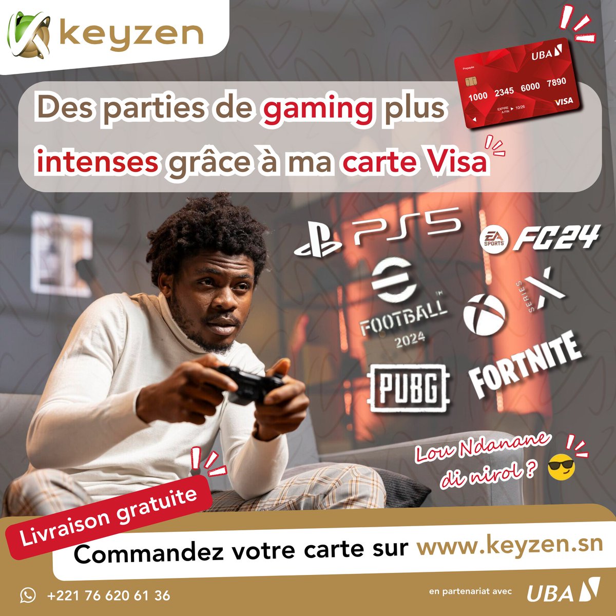 KeyzenSn's tweet photo. Enjoy benene level de gaming si Play wala Xbox, sama carte Visa moma si doy ! 🔥🔥🔥
Commandez votre carte Visa 💳 sur https://t.co/fo90adDdck pour une livraison Gratuite en 24h Partout au Sénégal 🚀
Sou bakhé rek niou dem 🚀🚀🚀 #LouNdananeDiNirol 😎
#keyzen #SunuKeyzen #UBA #kebetu