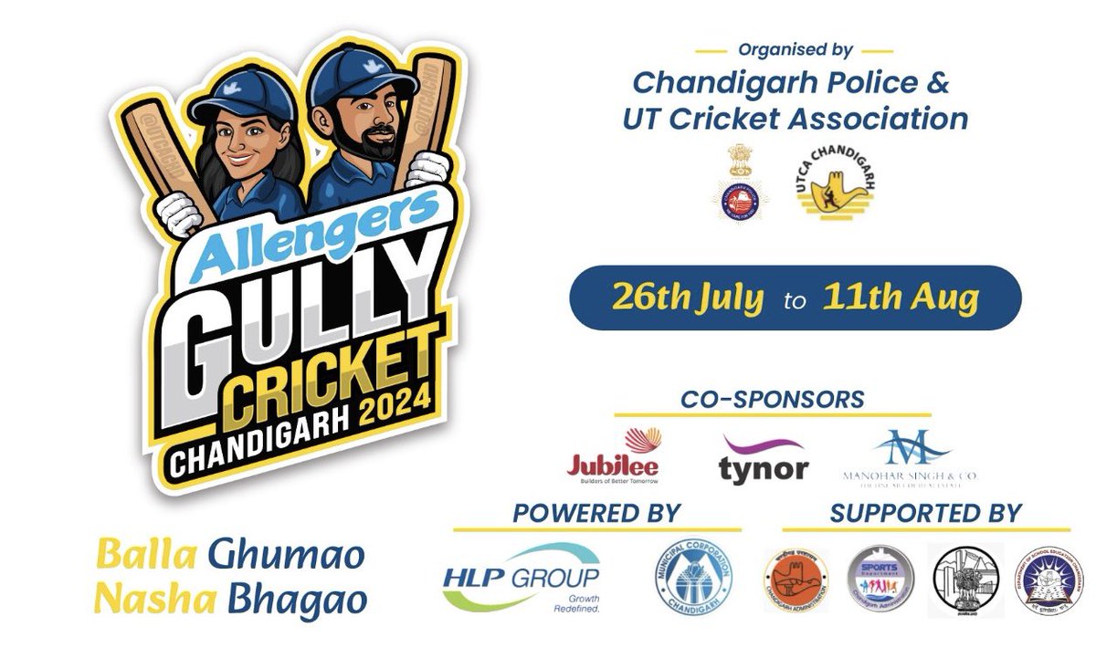 SanjayTandonBJP's tweet image. Announcing the Allengers Gully Cricket 2024 tournament, set for 27th July to 11th August for boys and 28th July to 11th August for girls, organized by Chandigarh Police and UTCA. This tournament is a fantastic opportunity for young cricketers to shine. Our continued slogan,…