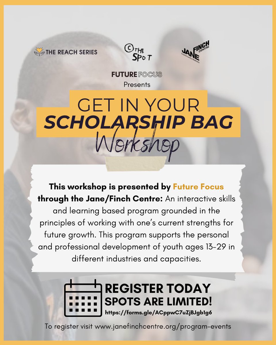 Jane/Finch Community and Family Centre (@jfcfcentre) on Twitter photo Unlock your potential and secure your future! 🎓✨
Discover strategies and tips to make your scholarship applications stand out!
Spots are limited! Register now:
Registration link: forms.gle/ACppwC7uZjBJgb…
For more details, contact Taejah:
📧 taejahn@janefinchcentre.org Unlock your potential and secure your future! 🎓✨
Discover strategies and tips to make your scholarship applications stand out!
Spots are limited! Register now:
Registration link: forms.gle/ACppwC7uZjBJgb…
For more details, contact Taejah:
📧 taejahn@janefinchcentre.org