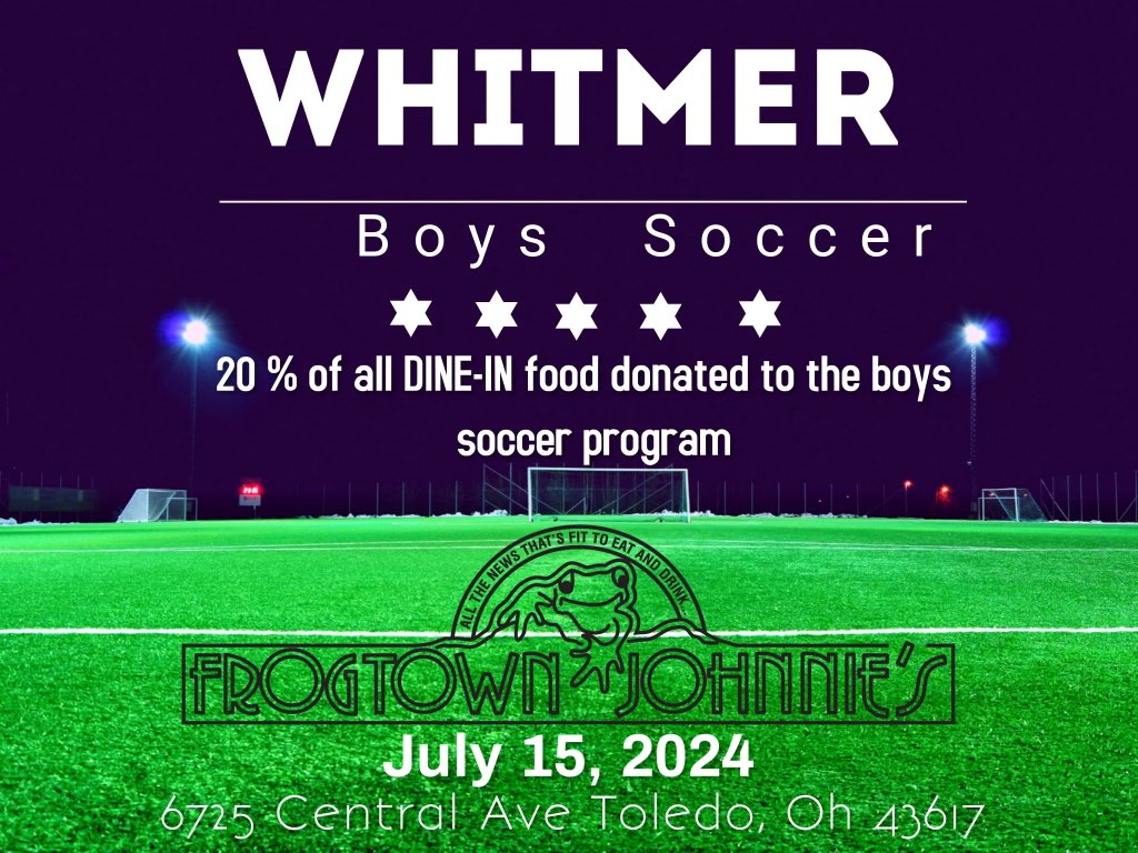Lunch today or Dinner plans? 🐸🍔

Invite your friends &amp; family to Frogtown Johnnies!  They are donating 20% of all dine in food, ALL DAY! Show up and support your Whitmer Soccer team!

Address: 6725 Central Ave, Toledo, OH 43617