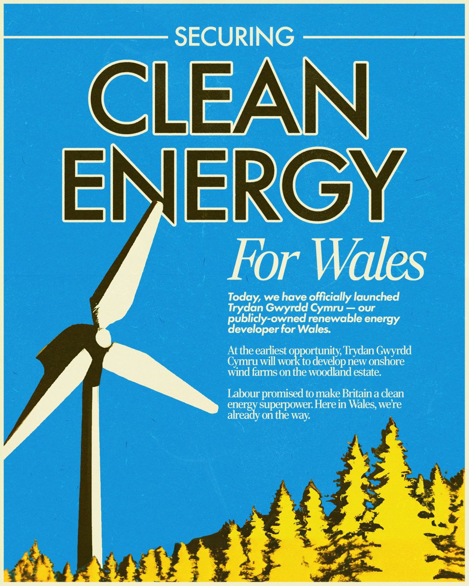 Today, we have officially launched Trydan Gwyrdd Cymru — our publicly-owned renewable energy developer for Wales.

Labour promised to make Britain a clean energy superpower.

With two Labour Governments working in partnership, Wales is already on the way.