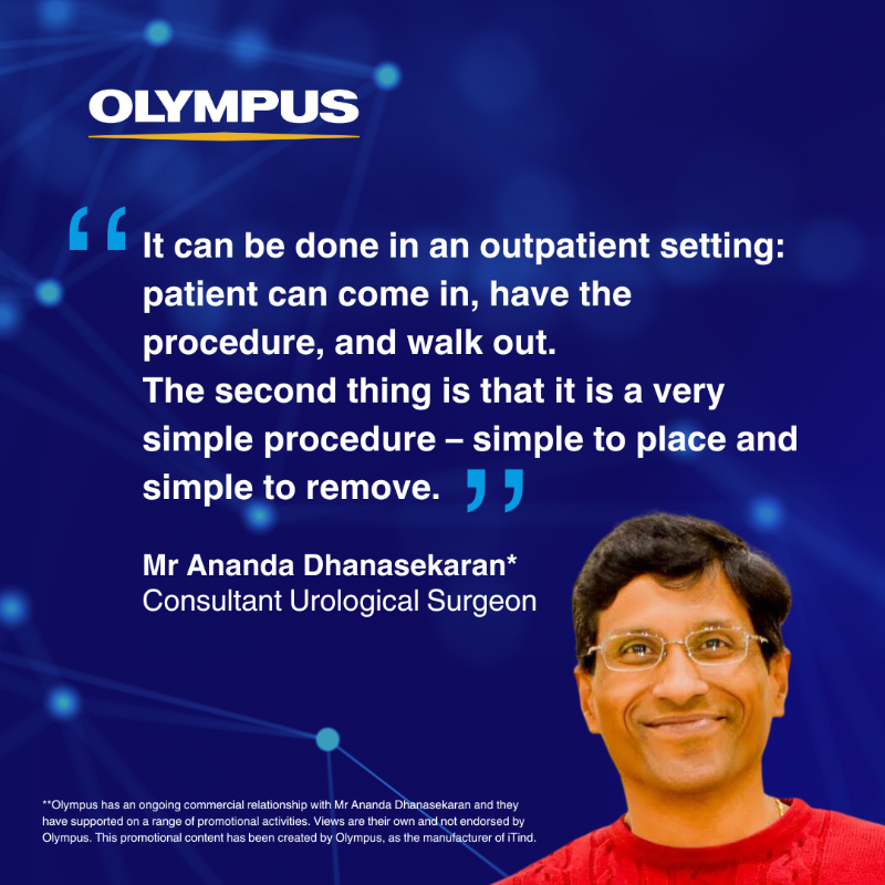 OlympusMedUKIE's tweet photo. 'Simple to place -simple to remove' just one of the benefits @AnandUro has found with offering iTind to his patients 

#OpenUpToBetter BPH solutions with iTind to your patients now! Find out more  https://t.co/hQknp4yL4c