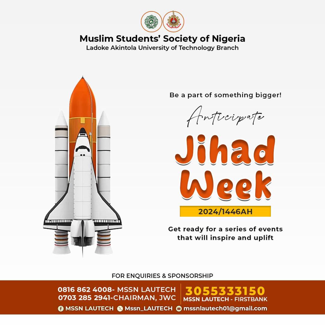 Mssn_LAUTECH's tweet photo. Anticipating‼️ Anticipating ‼️Anticipating ‼️
Assalamualaikum warahmatullahi wabarakatuh ! ✨✨✨
LAUTECH MUSLIM STUDENTS,
Igniting the spark within! Get ready for a week of inspiration and growth! ⏰.
#JihadWeek #MSSNLAUTECH
1/2 https://t.co/oIZXeSk5xG