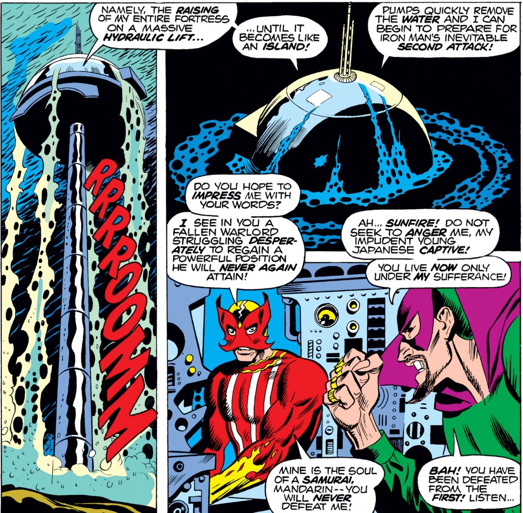 MarvelADay's tweet photo. #MarvelADay #IM69
Mike Friedrich disguises the narration of the sea base rising to the surface as Mandarin bragging to Sunfire.  Neither Sunfire nor the reader is impressed, but with the water pumped out of it, Mandarin's now island fortress is ready!
JH https://t.co/XUqnal2VWe