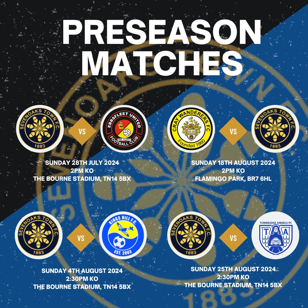 PRESEASON MATCHES ⚽️

Please see below our first teams preseason fixtures as we get ready for the 2024/25 season!

First match will be at home on Sunday 28th July.

Come down to cheer on the women's team! 💙🖤

<a href="/SevenoaksTownFC/">Sevenoaks Town FC</a> <a href="/SECWFLnews/">SECWFL</a>