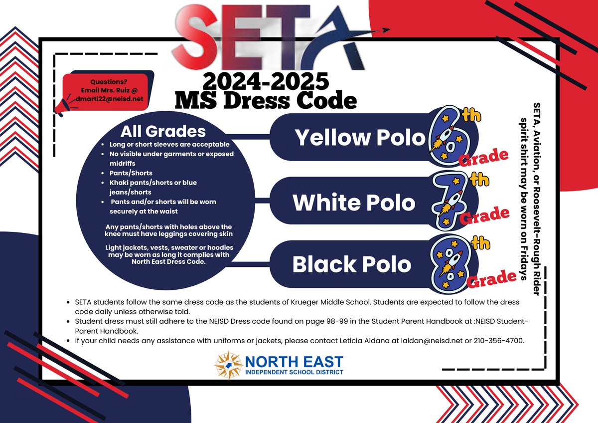 Dress code for the 2024-2025 school year!  Just a few weeks to go!  School starts on August 12th! @setaneisd