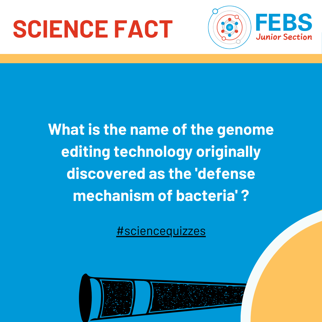 FEBS_JS's tweet photo. 🏆Genome editing is a set of techniques that enable scientists to change an organism's DNA.
⚗ Which technique was originally described as a defense mechanism of bacteria? 🤔
👨‍🔬👩‍🔬#sciencefact #sciencequizzes #FEBS_JS #YoungFEBS #FEBSJuniorSection #Biochemistry #Biology #Chemistry https://t.co/u4OENFNxGg