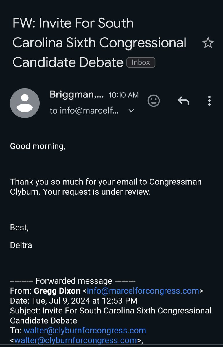 Marcel4Congress's tweet photo. As you know, I feel all candidates should be prepared to make the case as to why they would be best to represent the people. That is why I do a lot of public appearances. As a result, my campaign team has been working to set up what may very well be the first general election debate in my district since 1996!
I am a fair person who believes in doing what is right, so I have been doing my best to make sure all candidates are invited. Four of us have already agreed. We are trying to make contact with the independent candidate. We reached out to Clyburn's team, and to my BIG SURPRISE, they responded and said the request is "under review."
I honestly was not expecting this. Do yall think Clyburn will appear for the debate, defend his long record, and make the case for why he should be reelected for the 32nd time?