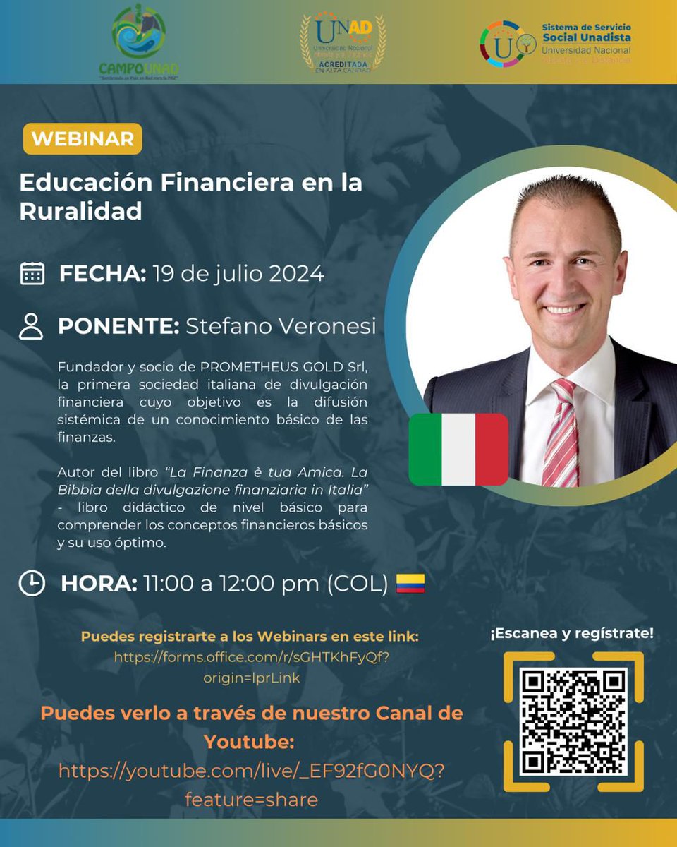 📅 Desde la CampoUNAD y el Servicio Social Unadista, hacemos la invitación para el día *viernes 19 de julio de 2024*, a la webinar dirigida a líderes y lideresas sociales campesinas, empresarios rurales y comunidad en general, en el tema de *Educación Financiera en la Ruralidad*