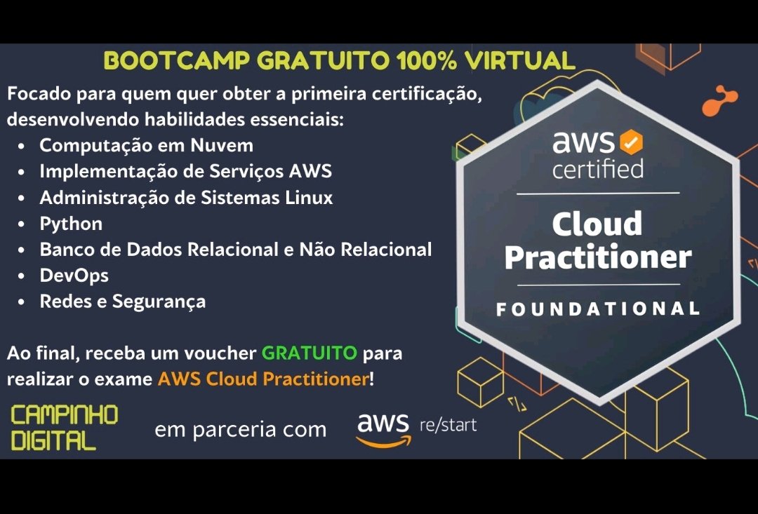htmluiza's tweet photo. COMEÇARAM AS INSCRIÇÕES: SOLUÇÕES NA NUVEM!

A Amazon Web Services (AWS) e Campinho Digital estão promovendo um bootcamp voltado para quem deseja obter a primeira certificação AWS Cloud Practitioner.

Requisitos: Pessoas com no mínimo 18 anos, ensino médio completo, residentes em https://t.co/fGEYrzMVwk