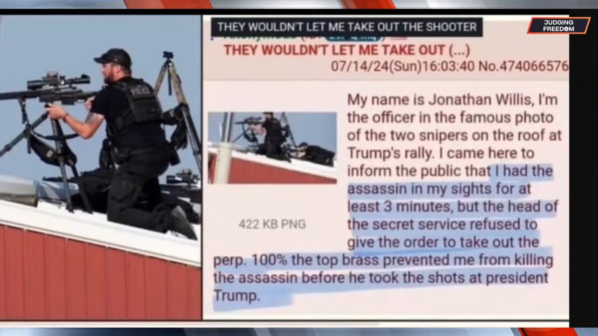 AnkalaManjana's tweet photo. #TrumpAssassinationAttempt where's #JonathanWillis the sniper who declared that he could have shot the guy minutes before but "the head of the secret service refused to give the order to take out the perp". It's all about another corrupt 👿FBI/democrats' plot to eliminate #Trump! https://t.co/95CBUqoK8r