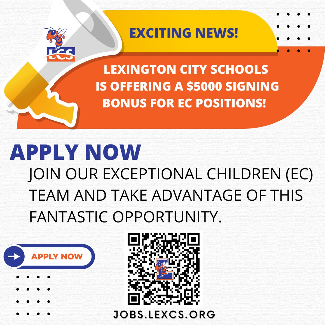 LCSJackets's tweet image. 🎉 APPLY NOW! 🎉 We're offering a $5000 signing bonus for EC positions! Don't miss out on this amazing opportunity to join our team. Apply here: Jobs.lexcs.org #JoinUs #ECJobs #Education #Hiring #ThriveInTheHive