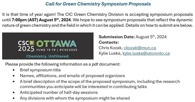 Don't forget to submit your symposium proposals for the Green Chemistry Division #CSC2025