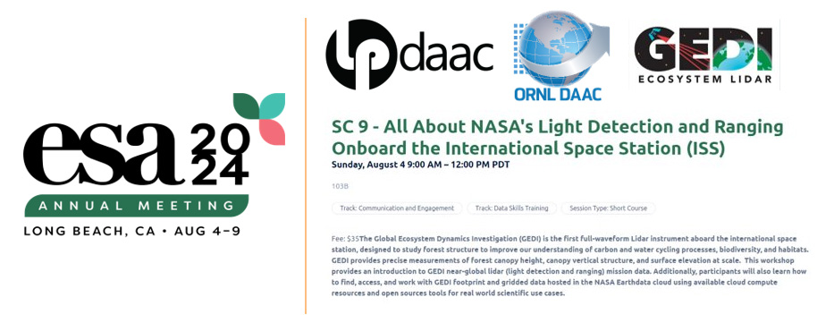 NASAEarthData's tweet image. Attending the 2024 Ecological Society of America (#ESA2024) annual meeting? Register for the short course organized by NASA&apos;s #LPDAAC and #ORNLDAAC before July 18th, 2024 to learn how to work with GEDI #lidar data.  

➡️Learn more: go.nasa.gov/3WmY9sE @GEDI_Knights