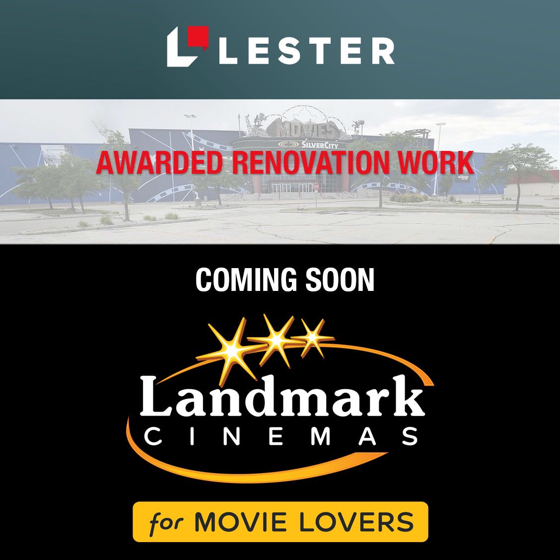 group_lester's tweet photo. We are thrilled to announce that we've been awarded the renovation work for the new @landmarktheatres at Walker Road and Provincial. This in-depth project will transform the former Silver City cinema into a state-of-the-art Landmark Theatres location!
#LesterConstructionGroup https://t.co/q9br6NdDqC