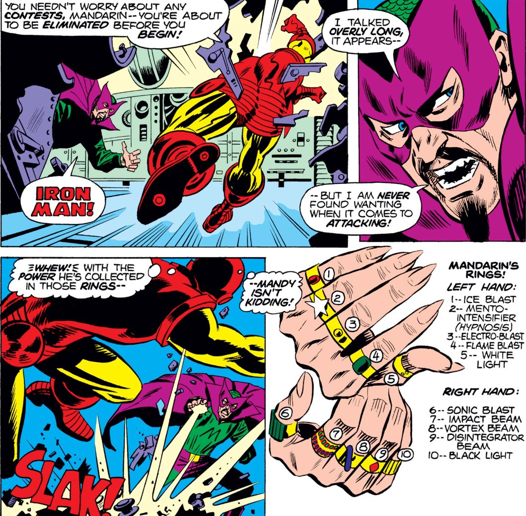 MarvelADay's tweet photo. #MarvelADay #IM69
In a starkly confrontational move, Iron Man smashes through the base's defenses and attacks Iron Man himself.  Having been recently schooled by Steve Gerber, Friedrich recounts the individual powers of the Mandarin's rings.
JH https://t.co/Ejiu9al4im