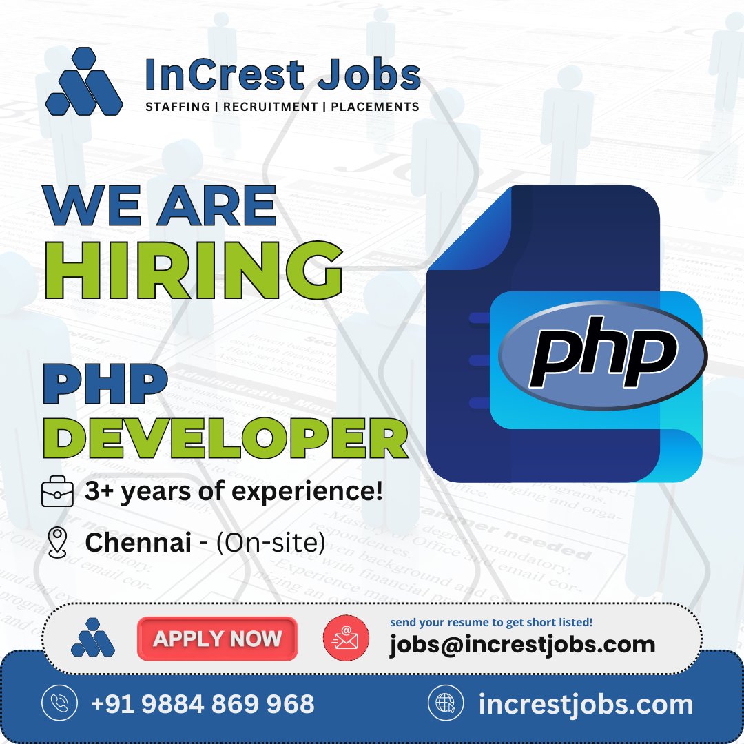 InCrestJobs's tweet photo. We are hiring a PHP Developer. Proficiency in PHP, Ajax, jQuery, CSS, MySQL, WordPress, Core PHP, and JavaScript is essential.
Send your resume to jobs@increstjobs.com
#InCresting #InCrestjobs #PHPDeveloper #PHP #Ajax #jQuery #CSS #MySQL #WordPress #CorePHP #JavaScript https://t.co/Zmac0W3mGu