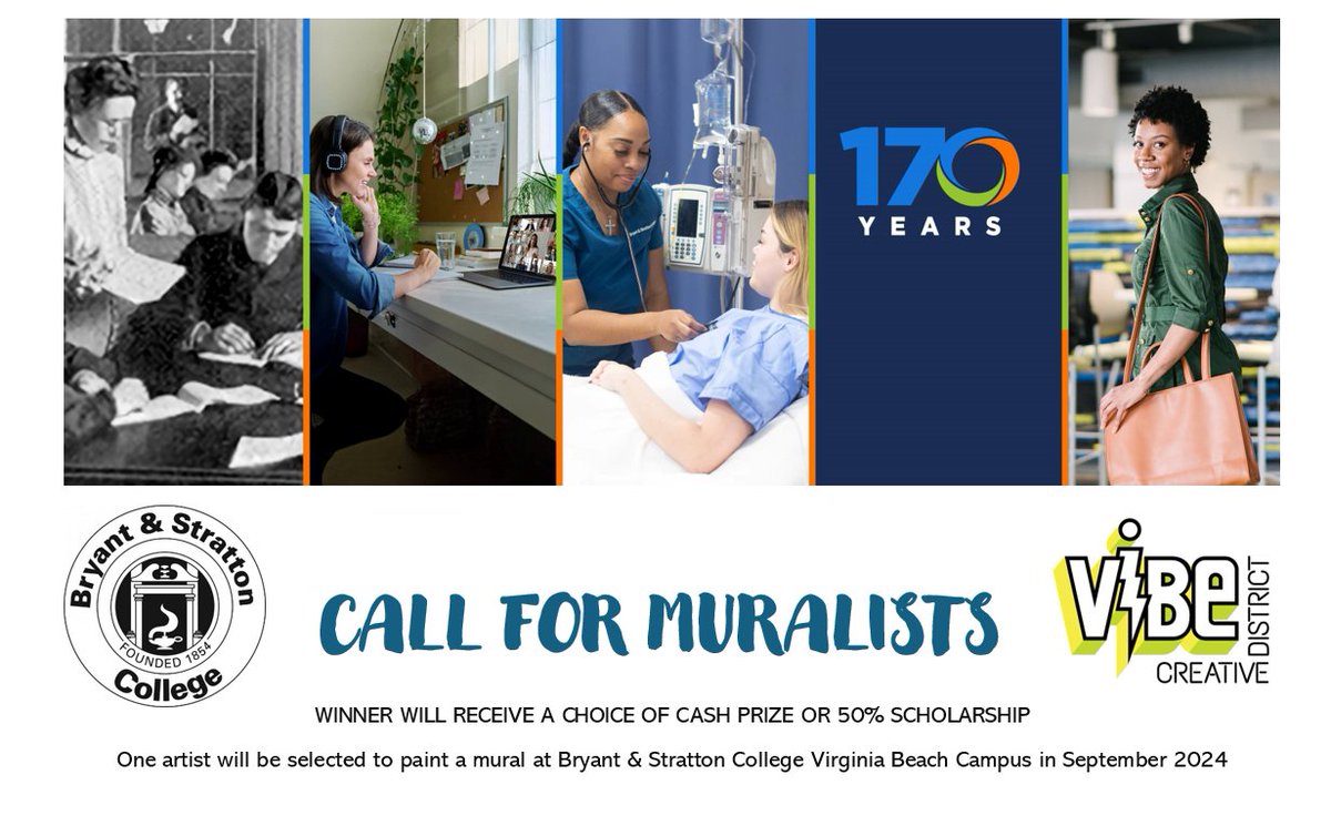 Calling all artists! Scholarship prize for mural opportunity at <a href="/BryantStratton/">Bryant & Stratton College</a> Virginia Beach campus. Details on ViBeCreativeDistrict.org