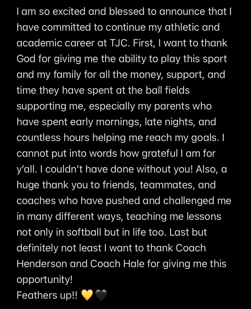 FEATHERS UP 💛🖤 #Committed <a href="/tjcapachesb/">TJC Softball</a> <a href="/eric_henderson2/">Eric Henderson</a> <a href="/16UAcademy/">Bombers Gold</a> <a href="/JHS_WarriorSB/">Jordan High School Softball</a> <a href="/CoachDuhon/">Ben Duhon</a>