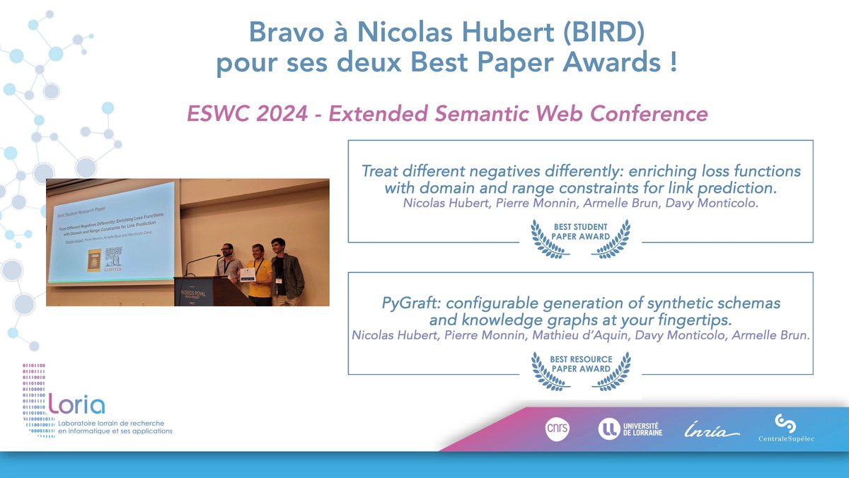 labo_Loria's tweet image. 👏Congratulations to Nicolas Hubert, PhD student in the Loria’s BIRD team and in the ERPI Lab, for receiving two Best Paper Awards at #ESWC2024, the leading international conference in the field of the #SemanticWeb!
@nicolas_hubr @Univ_Lorraine
📍loria.fr/en/2024/07/two…
