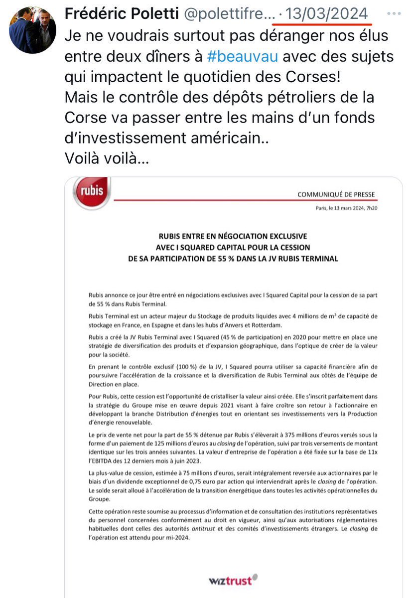 polettifrederic's tweet image. Ça alors! Maintenant que le processus Beauvau est en pause, Femu a Corsica s’intéresse aux dépôts pétroliers (DPLC)!! 
Ça fait 4 mois qu’on sait que les DPLC allaient passer sous contrôle d’un fonds américain.
Mais il ne fallait polluer les discussions avec de VRAIS problèmes!