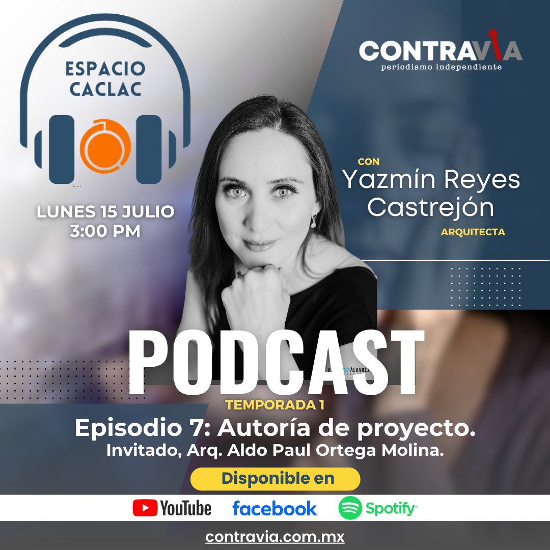 contraviamx's tweet photo. 🎙️¡Hoy es Lunes de Espacio CACLAC! No te puedes perder el 7mo episodio donde la Arq. Yazmin Reyes hablara junto al Arq Aldo Paul Ortega Molina sobre la Autoría del proyecto. ¡No te lo pierdas, los encuentras En Vivo hoy a las 3 PM! 🏛️🏗️ 

#EspacioCACLAC #CACLAC #Torreón #Arquitectos #Podcast #Contravia