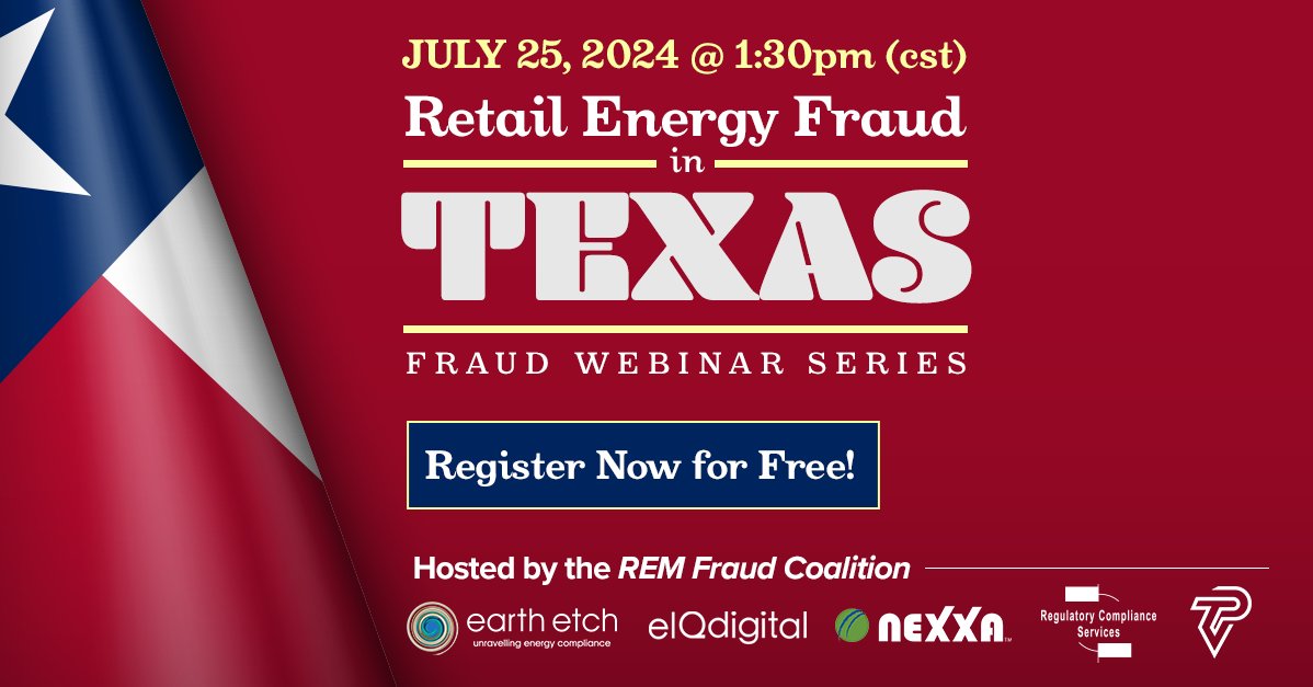 EarthEtch's tweet photo. Free Webinar - Retail Energy Fraud in Texas
Fraud has become a significant concern in Texas. The State has witnessed numerous instances of fraudulent activities that harm consumers and disrupt the market for honest suppliers and brokers. Register for FREE! https://t.co/zW4RVr1JEq https://t.co/IXoBzfDOFd