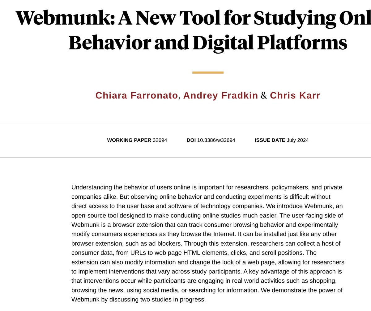 Excited to launch Webmunk, a new tool for studying digital platforms and online behavior!

Webmunk is a browser extension package that allows for:
- Tracking user behavior. 
- Experimental interventions that change websites as people browse them.
- Survey and other types of