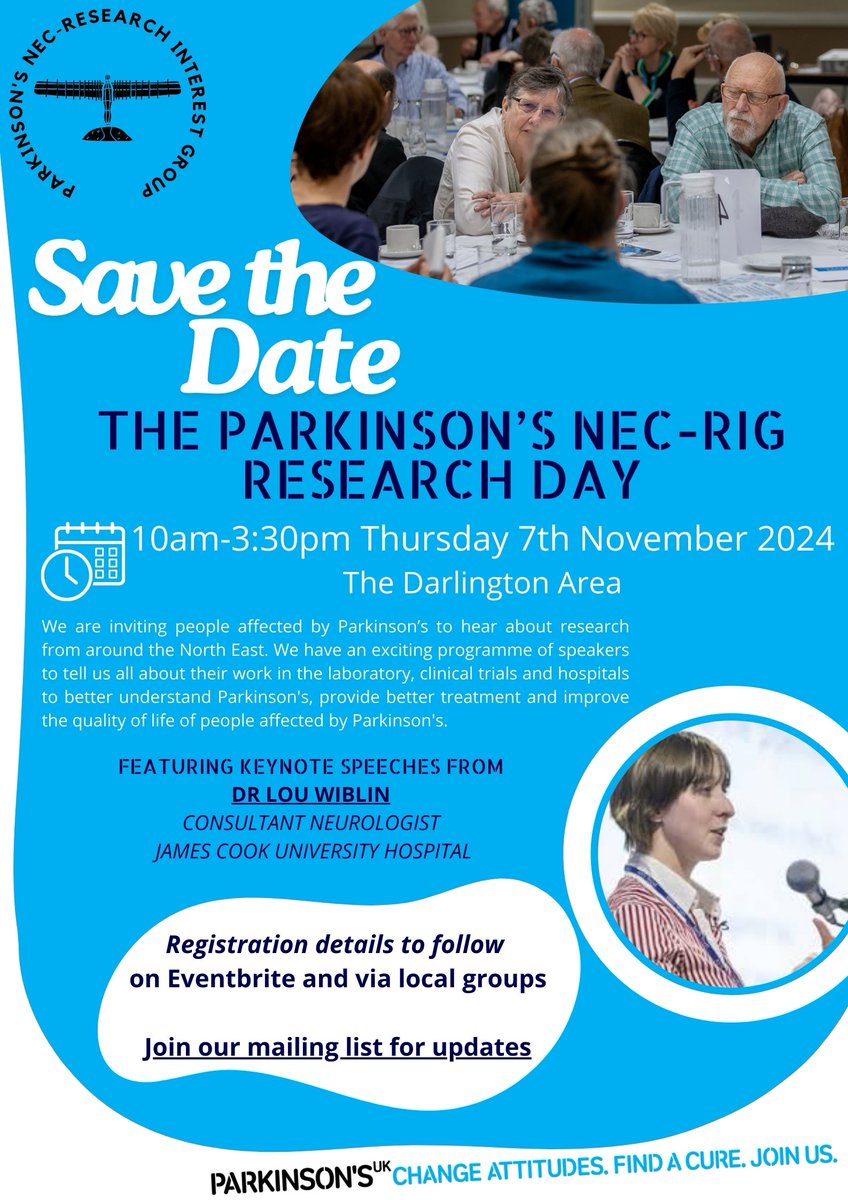 PDNEC_RIG's tweet photo. 🚨Save the date!🚨
The next Parkinson's NEC-RIG Research Day for the North East will be on Thursday 7th November 2024. We'll be bringing research from around the North East to the Darlington area.

Join our mailing list for further updates  https://t.co/SjZ4rJsR3F

@ParkinsonsUK https://t.co/c4v2NLuXxy