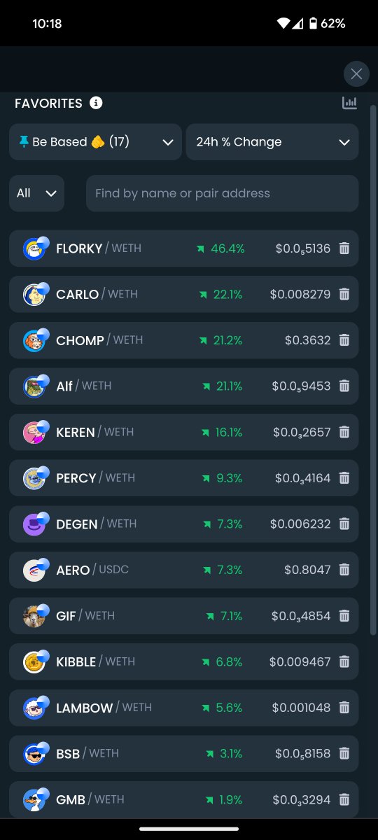 🟢 Green on @Base 🔵 

$FLORKY: <a href="/FlorkyCoin420/">Florky On Base 🏴</a>
$CARLO: @RedactedDotDog
$CHOMP: <a href="/Chompcoin/">CHOMP</a>
$ALF: <a href="/AlfOnBase/">Alf The Crocodile</a>
$KEREN: <a href="/kerenbase/">keren.base.eth</a>
$PERCY: <a href="/BasedPercy/">PERCY</a>
$DEGEN: <a href="/degentokenbase/">Degen 🎩</a>
$AERO: <a href="/AerodromeFi/">Aerodrome</a>
$GIF: <a href="/goatwifhatbase/">goatwifhat.base.eth</a>
$KIBBLE: <a href="/CatTownBase/">Cat Town</a>
$LAMBO: <a href="/base/">Base</a>dlambow
$BSB: <a href="/BasedStBets/">BasedStreetBets</a>
$GMB: