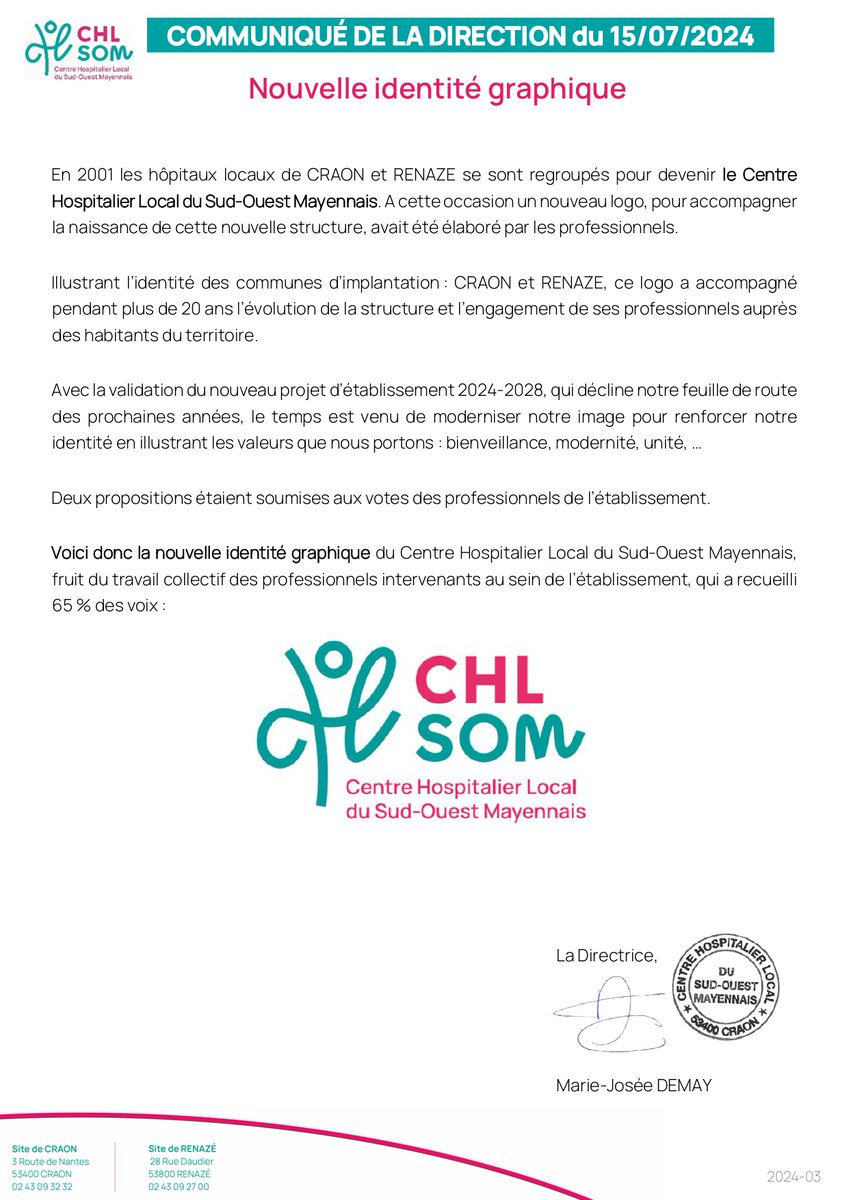 CHL_SOM's tweet photo. Nouvelle identité graphique pour le Centre Hospitalier Local du Sud-Ouest Mayennais-CHLSOM https://t.co/DdC2Q4VJJp