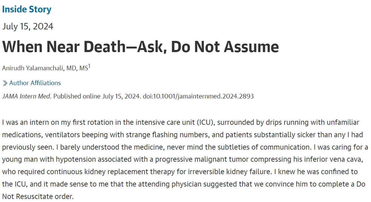 Thanks to <a href="/JAMAInternalMed/">JAMA Internal Medicine</a> for publishing my story about two patient encounters as an ICU resident with <a href="/CCF_IMCHIEFS/">Cleveland Clinic IM</a> which served as important lessons in communication that I will never forget. Grateful to their families for letting me tell these stories
jamanetwork.com/journals/jamai…
